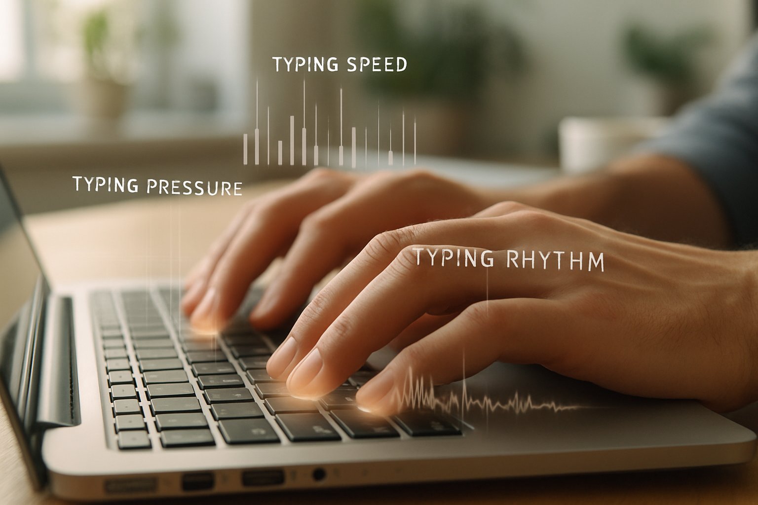 Close-up of hands using Behavioral Biometrics Intelligence Systems on a laptop.