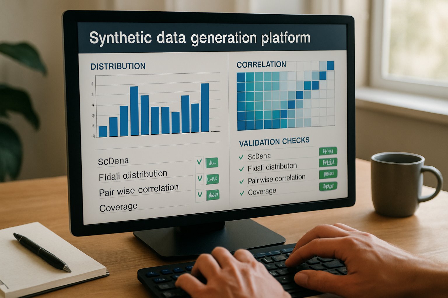 User operating a Synthetic Data Generation Platform with validation features visible.
