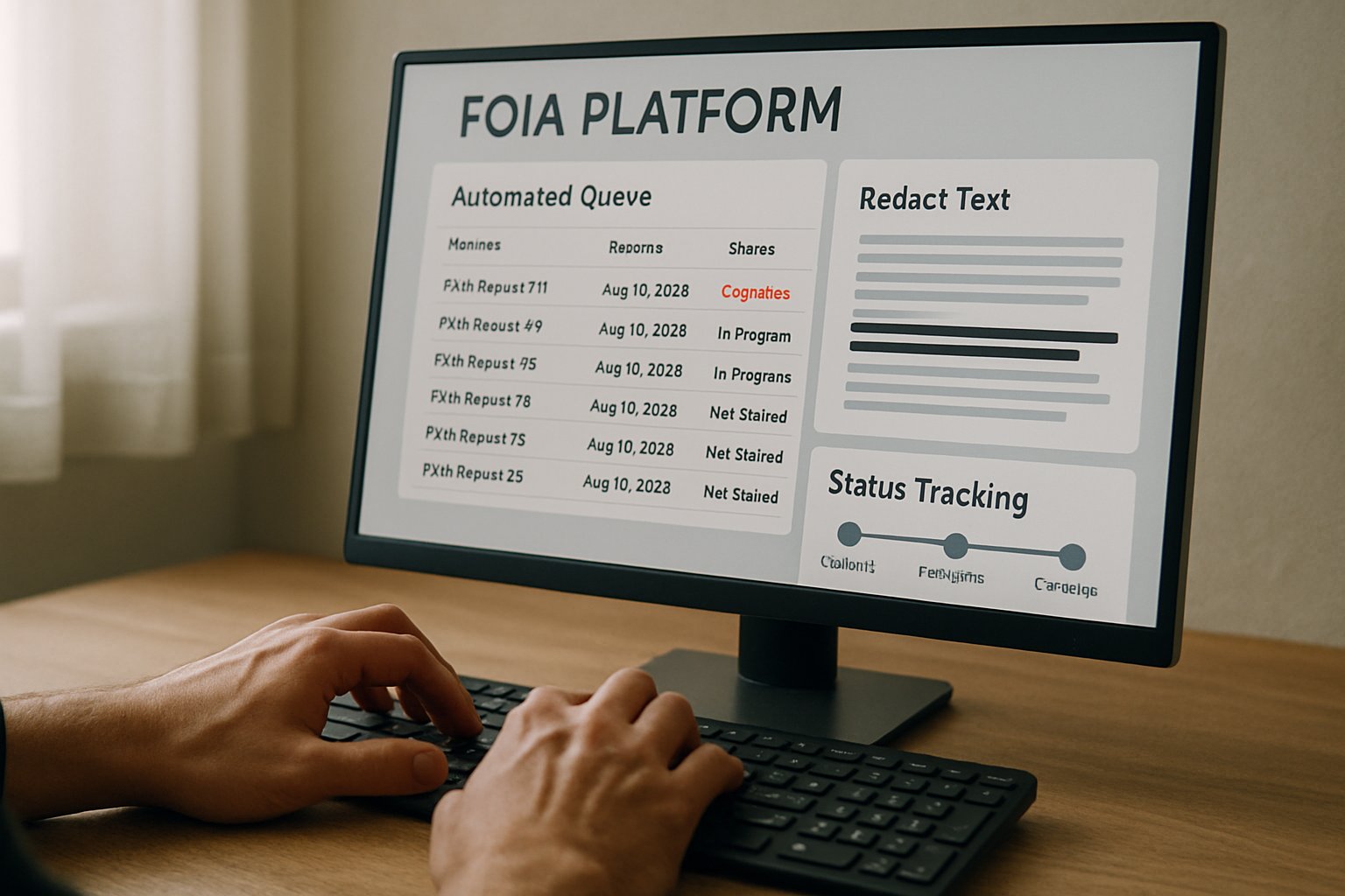 Hands using automated FOIA intelligence tools on a modern computer interface.
