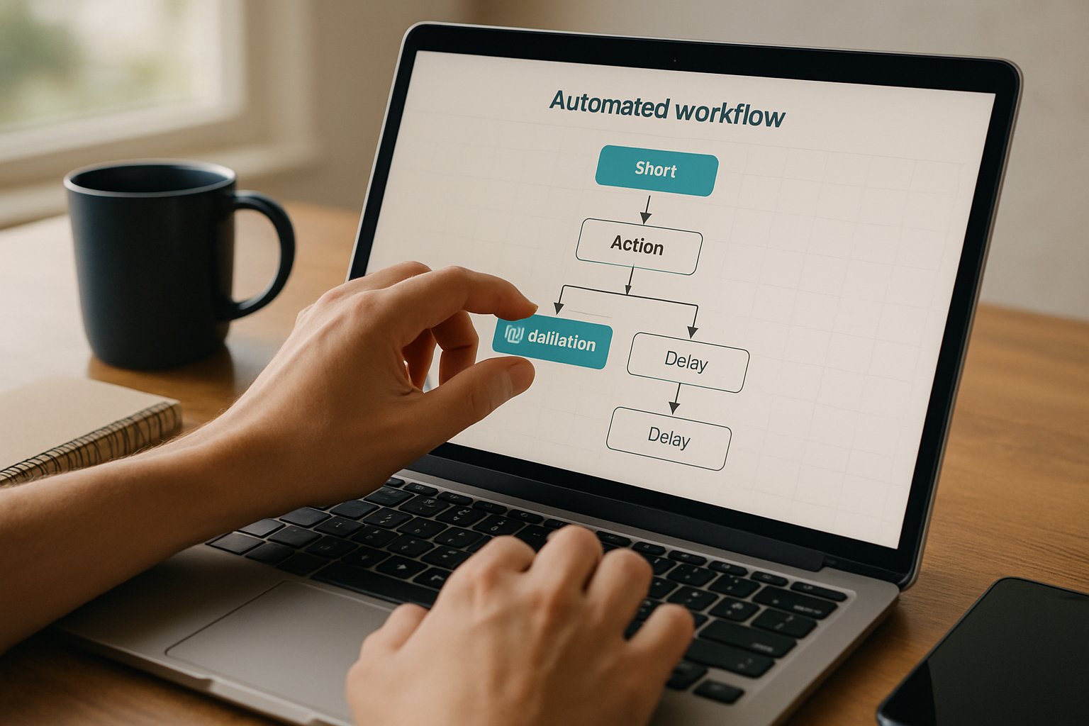 User builds workflow with Low-Code Automation platform on laptop.