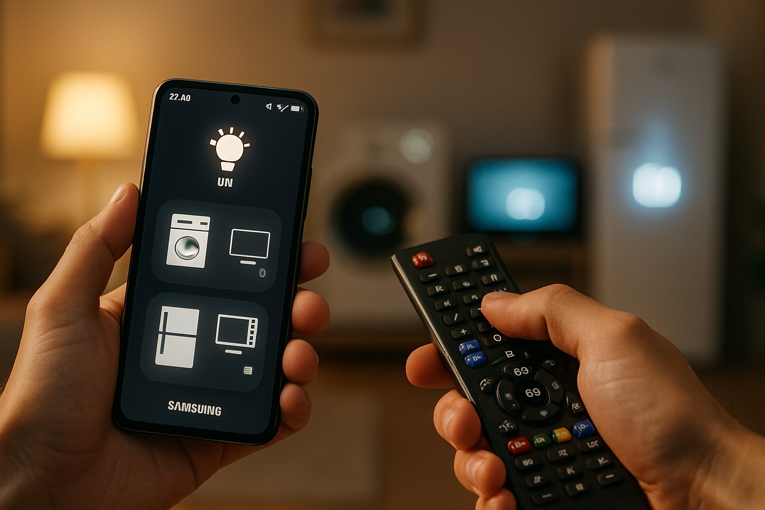 User controls smart devices with ambient AI companions from Samsung.