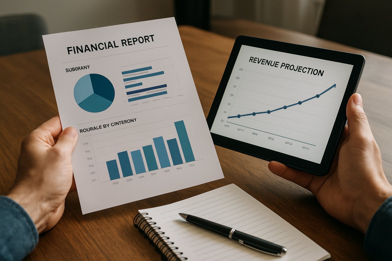 Close-up of hands reviewing Corporate Revenue Forecasting reports and digital projections.