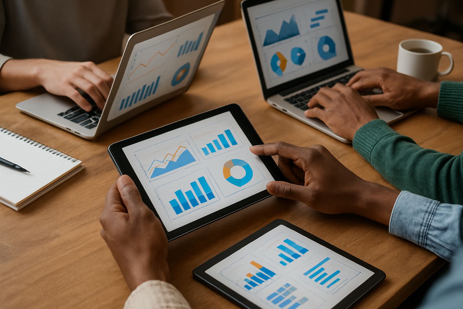 Hands working with synthetic data generation pipelines shown on digital devices.