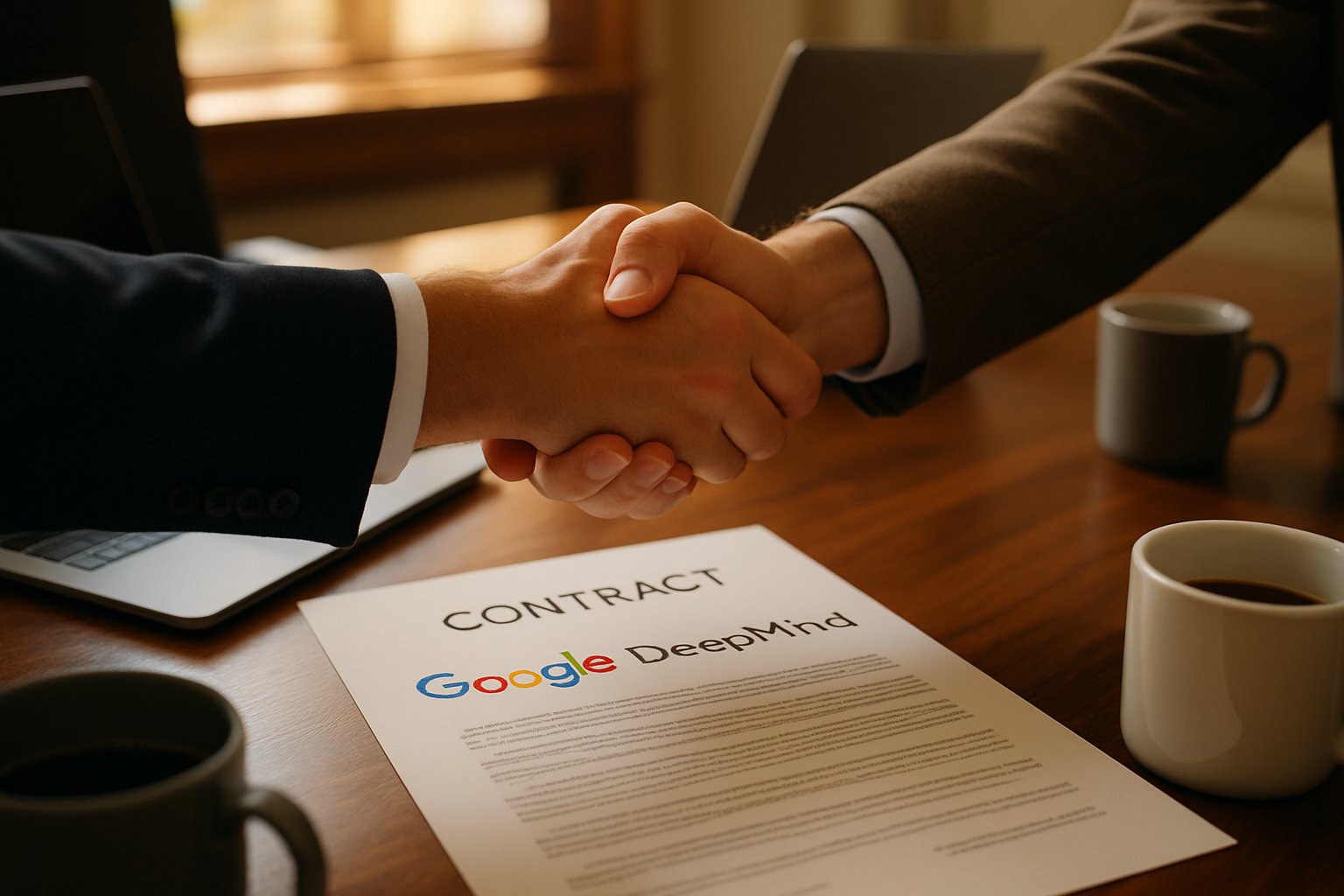 Handshake confirming strategic Google DeepMind deals partnership agreement.