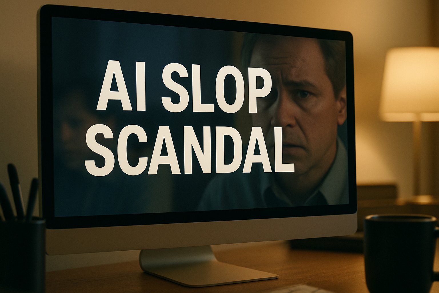 AI Slop Scandal headline on a computer screen in a workplace setting.