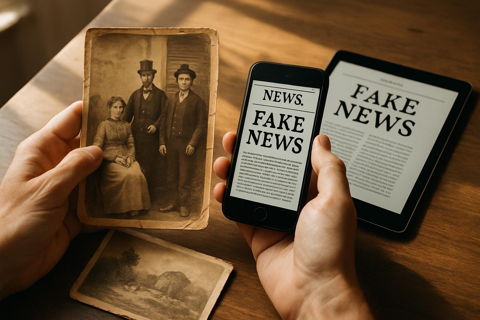 Hands compare historical photos and digital devices, symbolizing Information Ethics challenges.