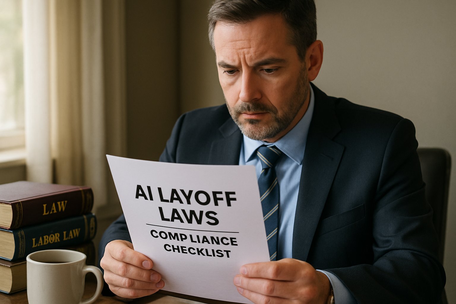 HR manager reviewing AI layoff laws compliance checklist.