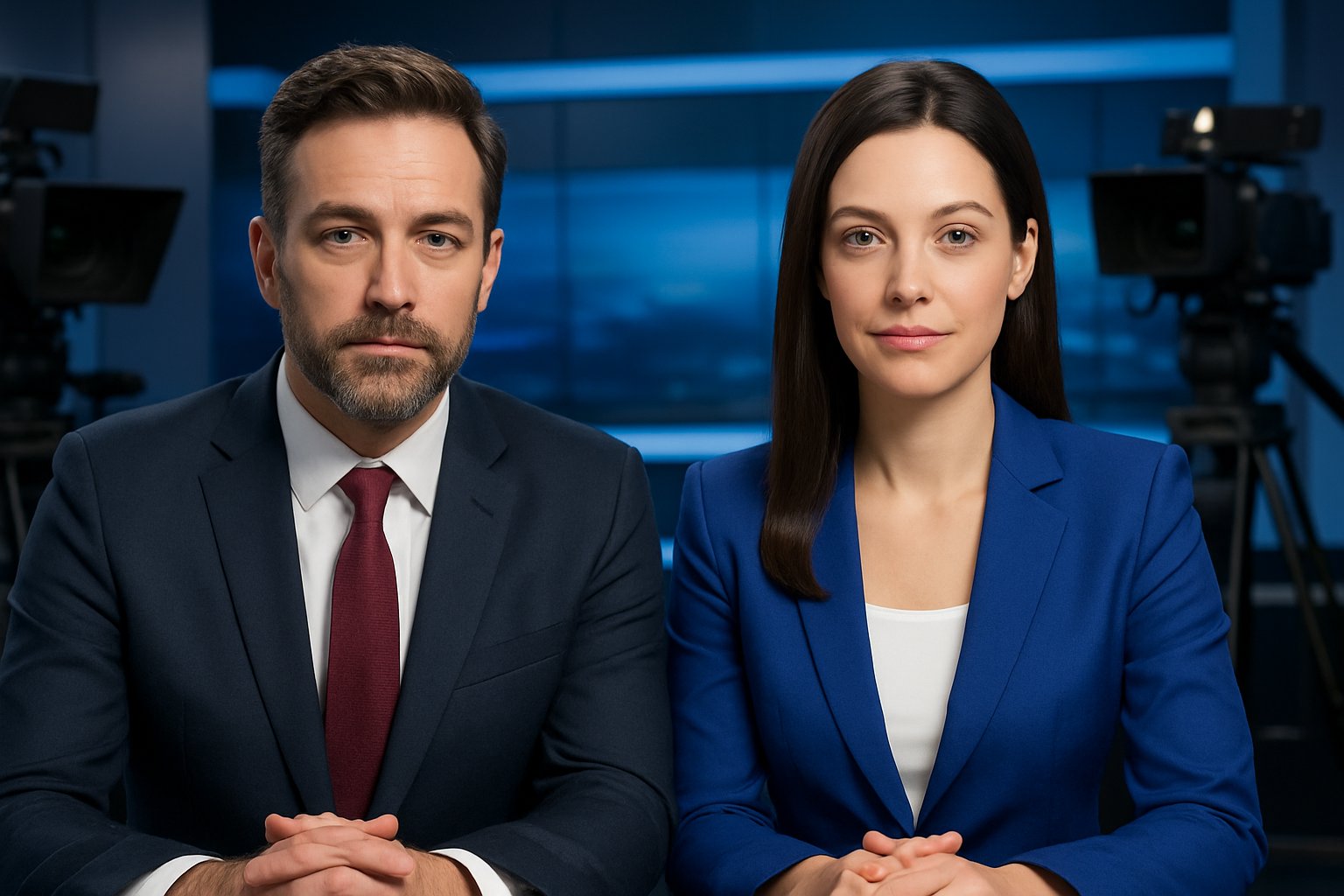 Synthetic Avatar Broadcasting Systems with digital and human anchors sharing desk