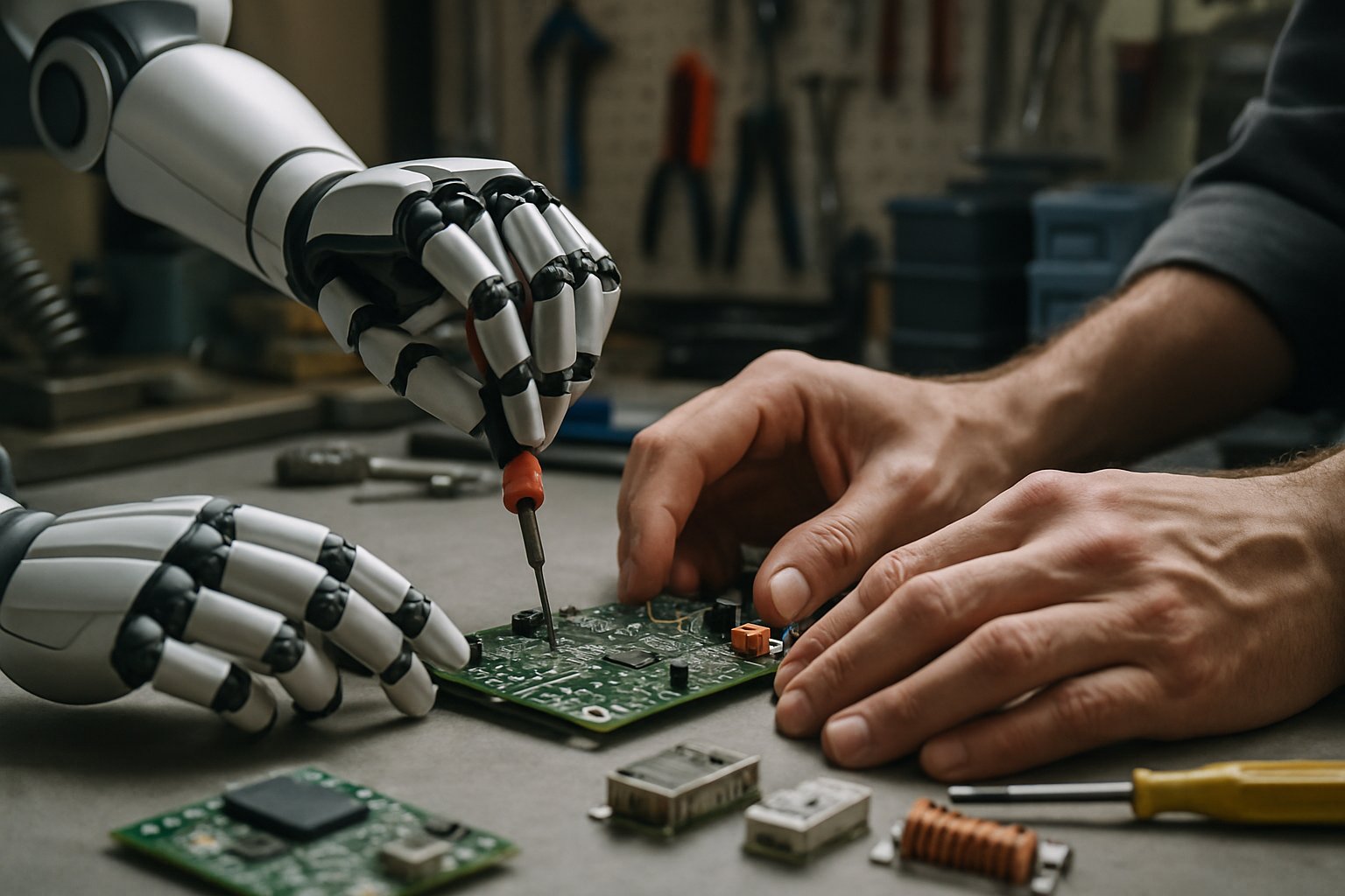 Robotics technology assembling electronics alongside human workers in a factory