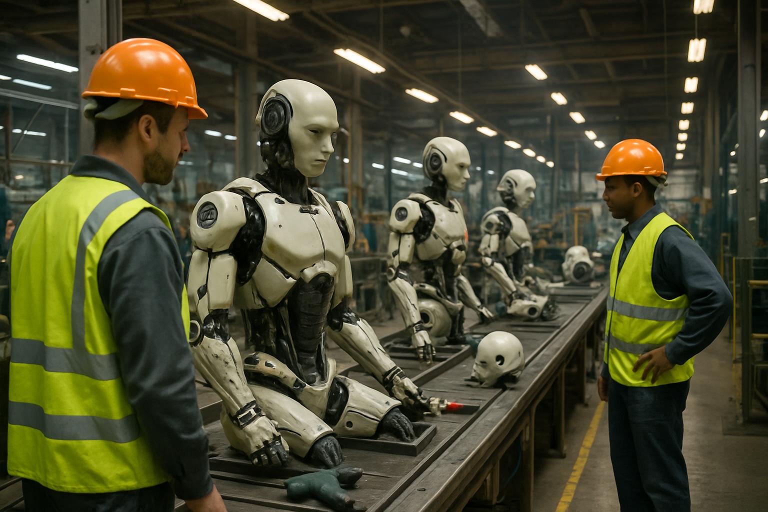 General Robotics humanoid robots being assembled on a real factory production line.