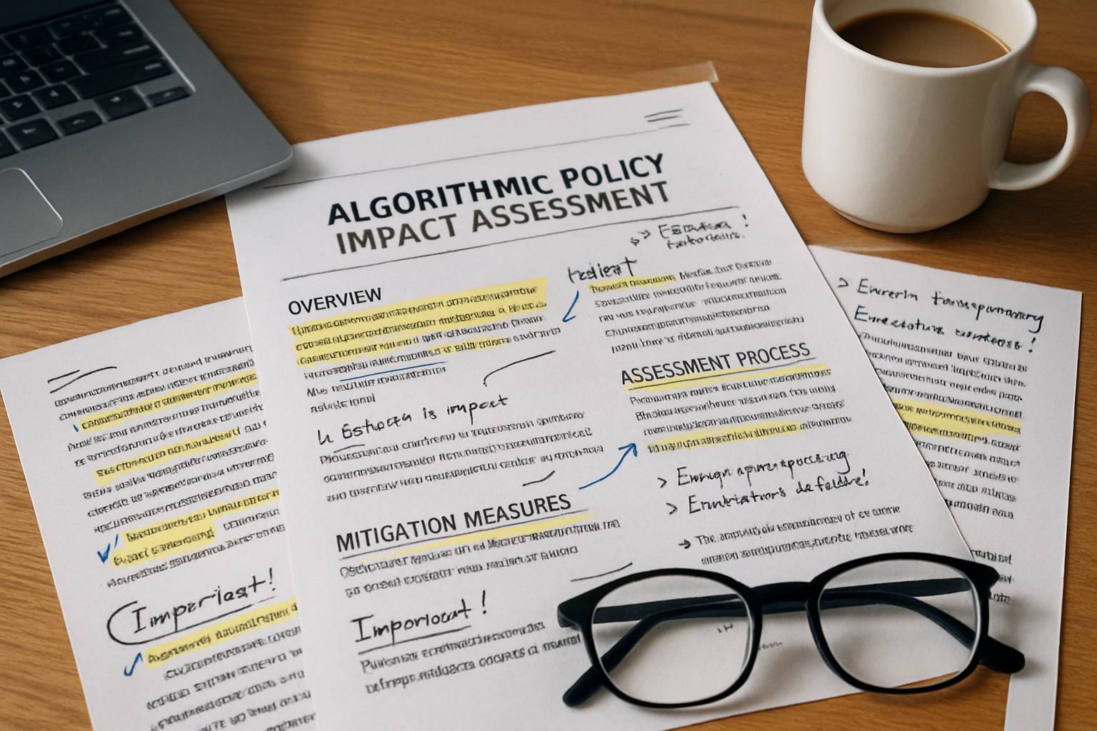 Algorithmic policy impact assessors' documents displayed on a desk for federal oversight.