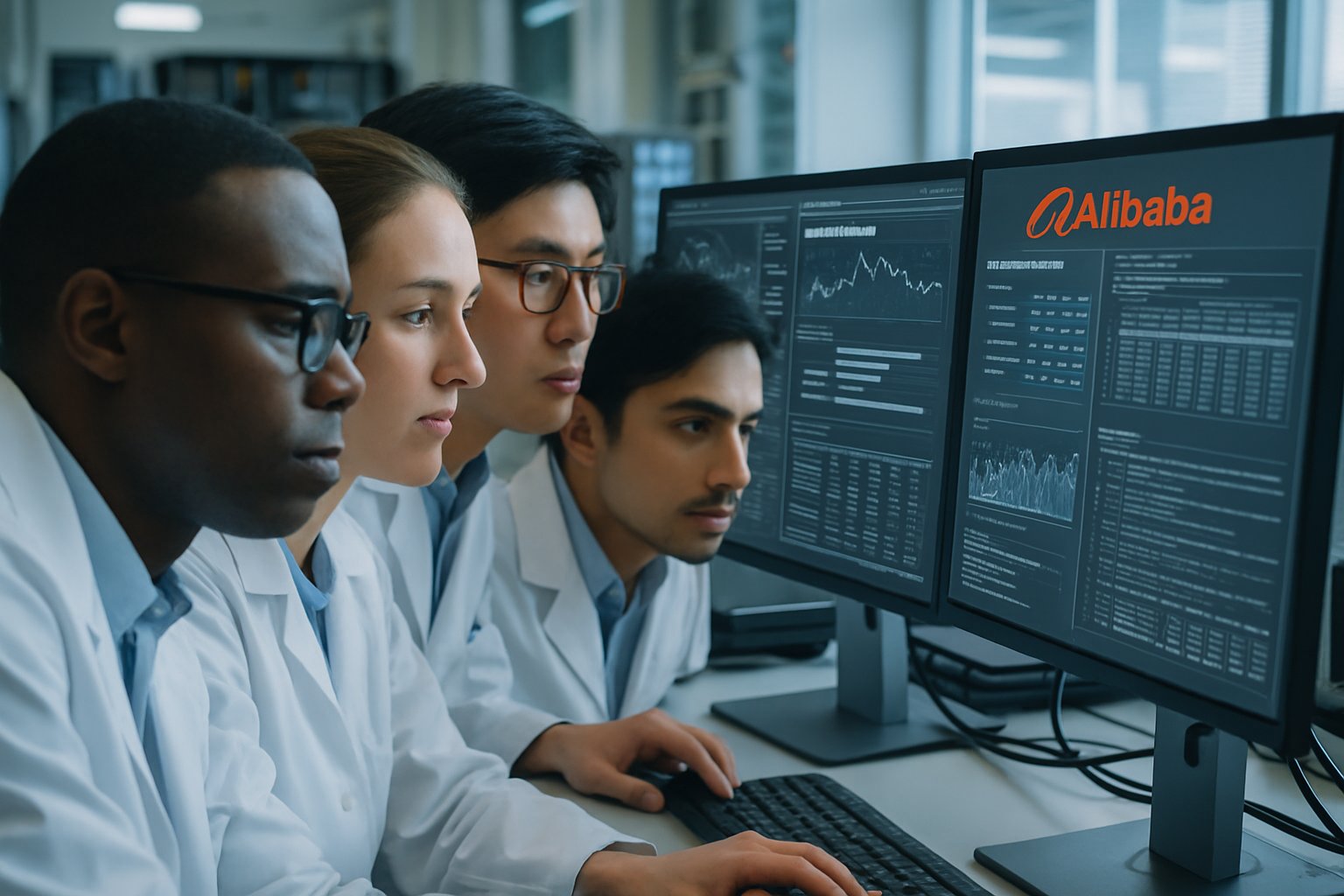 Researchers analyze Alibaba AI model performance in advanced technology lab.