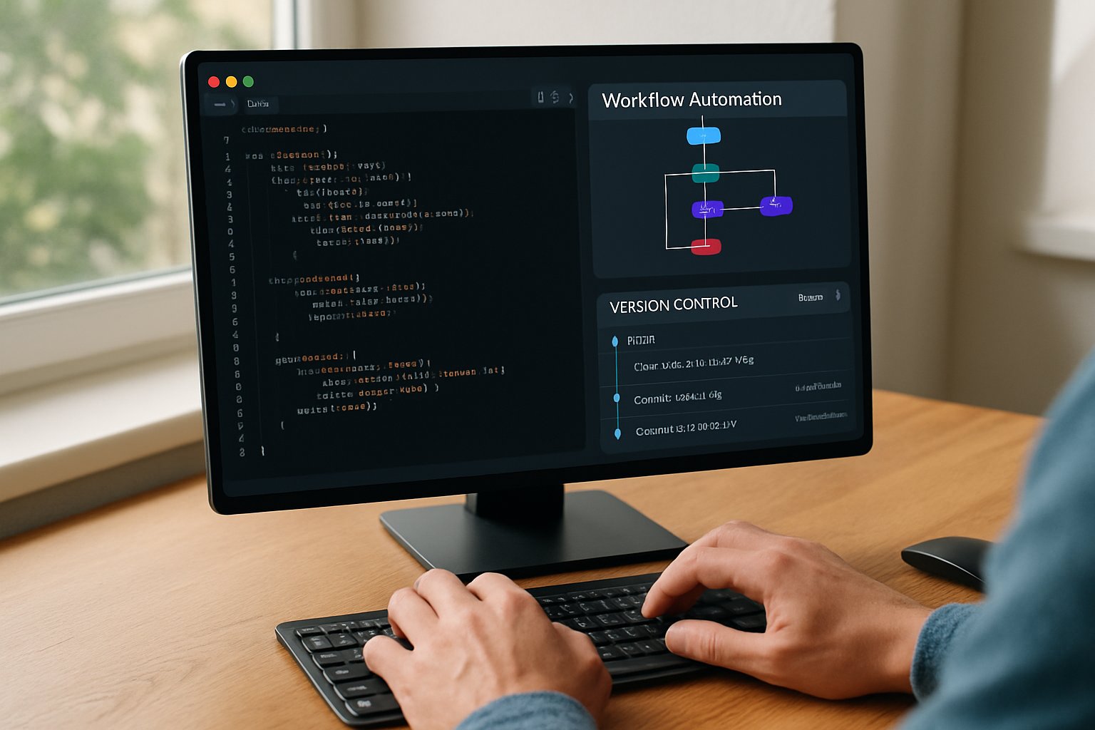 Monitor displays Version Control Integrators dashboard with coding and workflow tools.