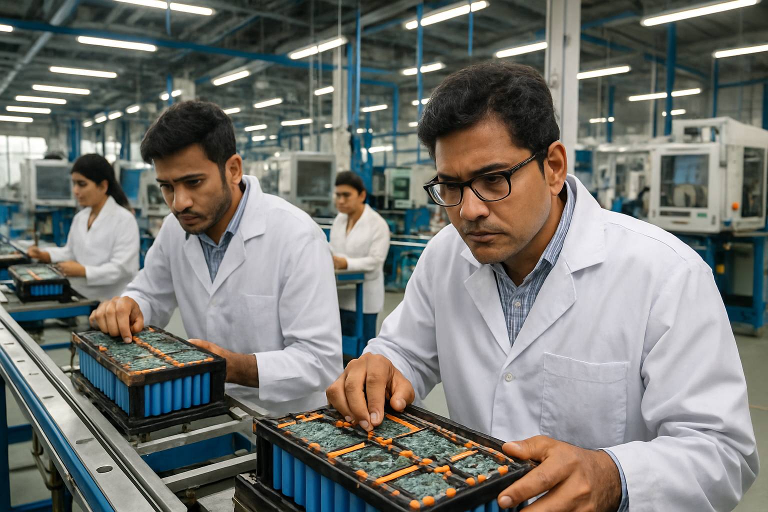 Engineers analyze Battery Supply Chain processes in Indian factory
