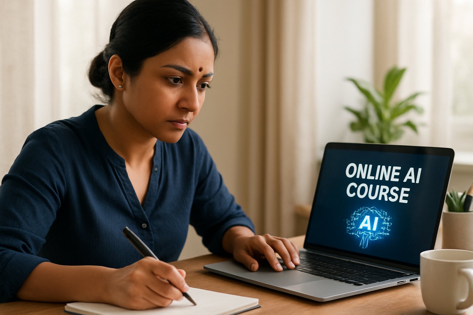 Indian woman engaging in AI reskilling India with online learning at home