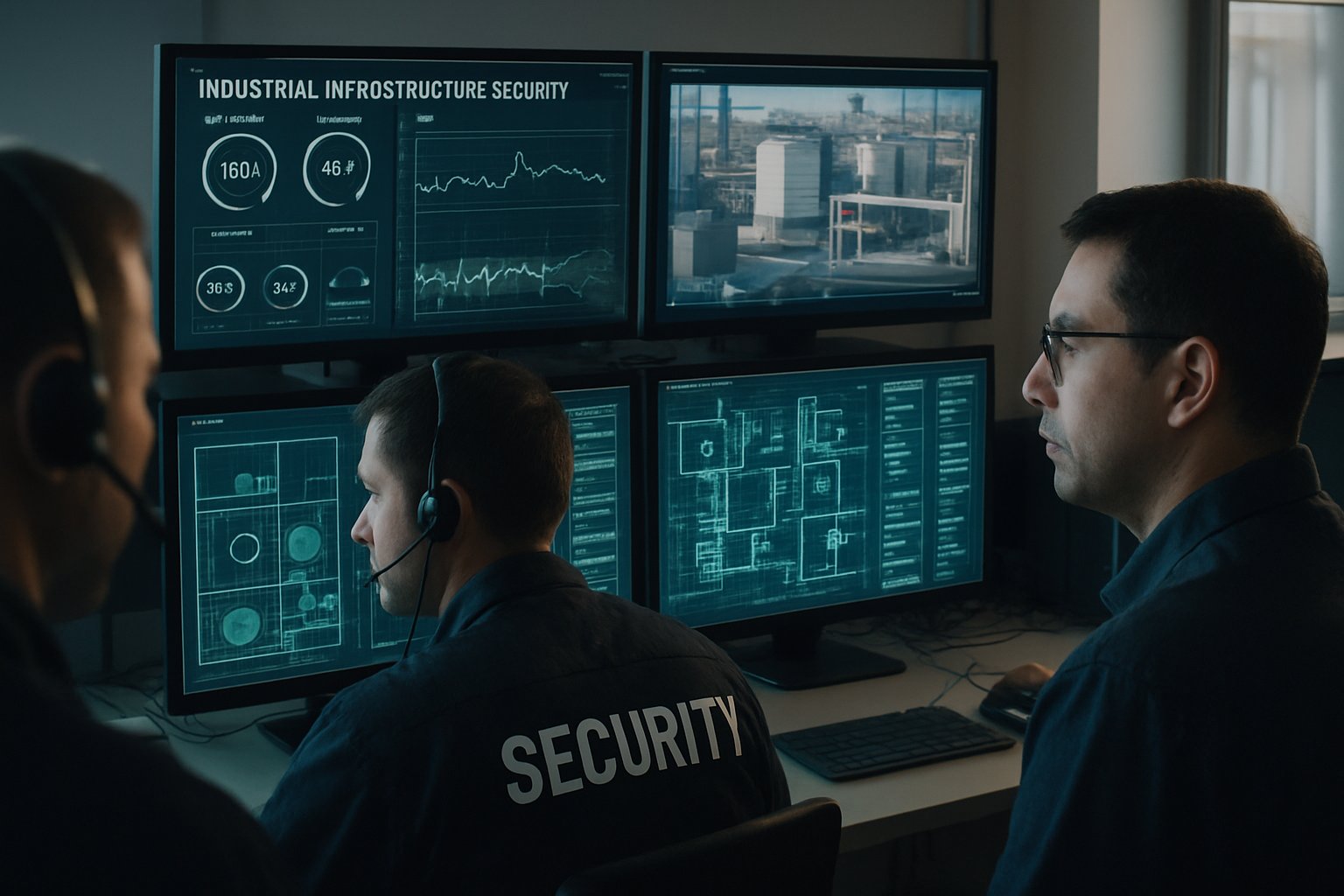 Security team monitors Industrial Infrastructure Security systems in a modern control room.