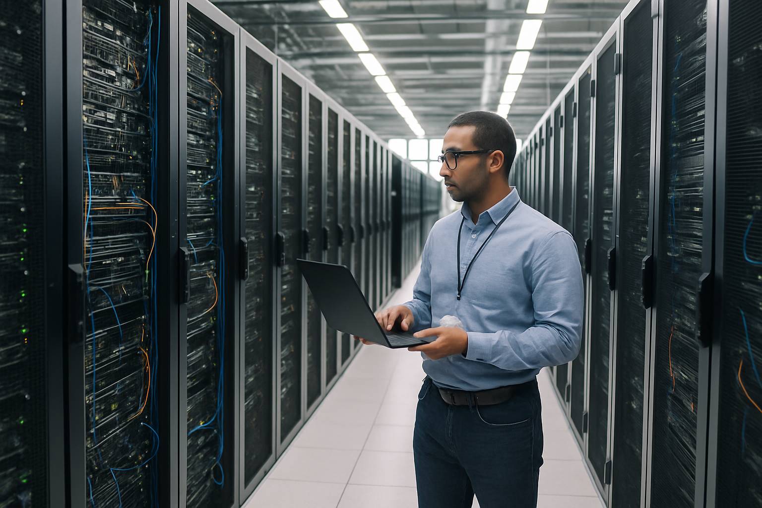 Technician working inside Cloud Factories server hall for AI infrastructure.
