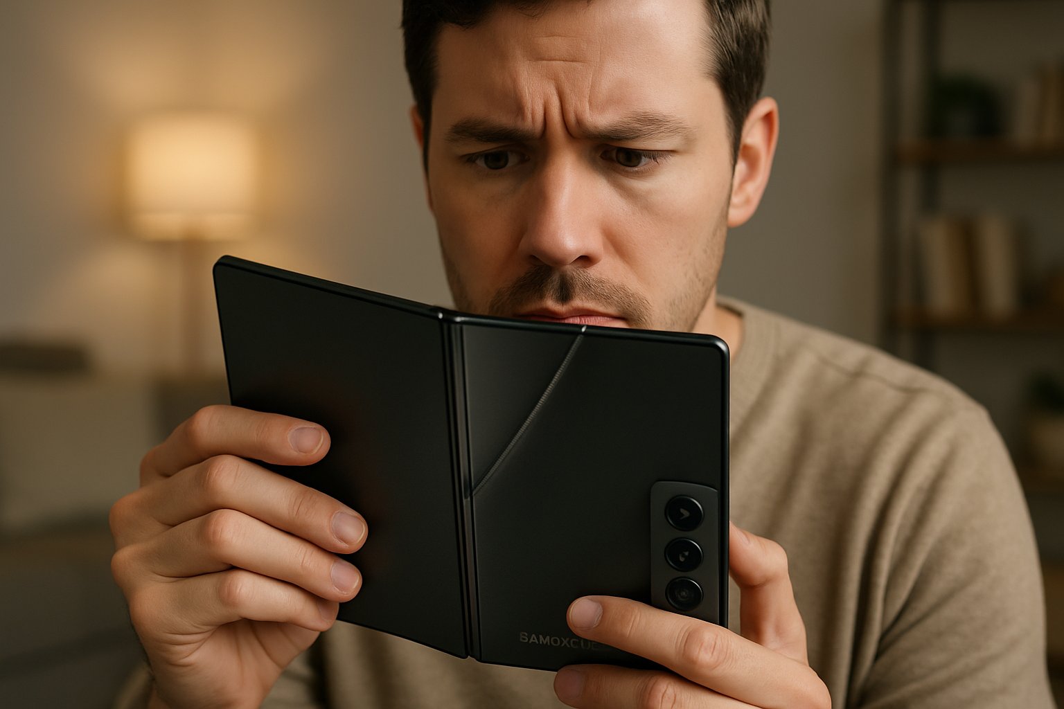 User inspecting Samsung Trifold phone crease for Trifold phone review