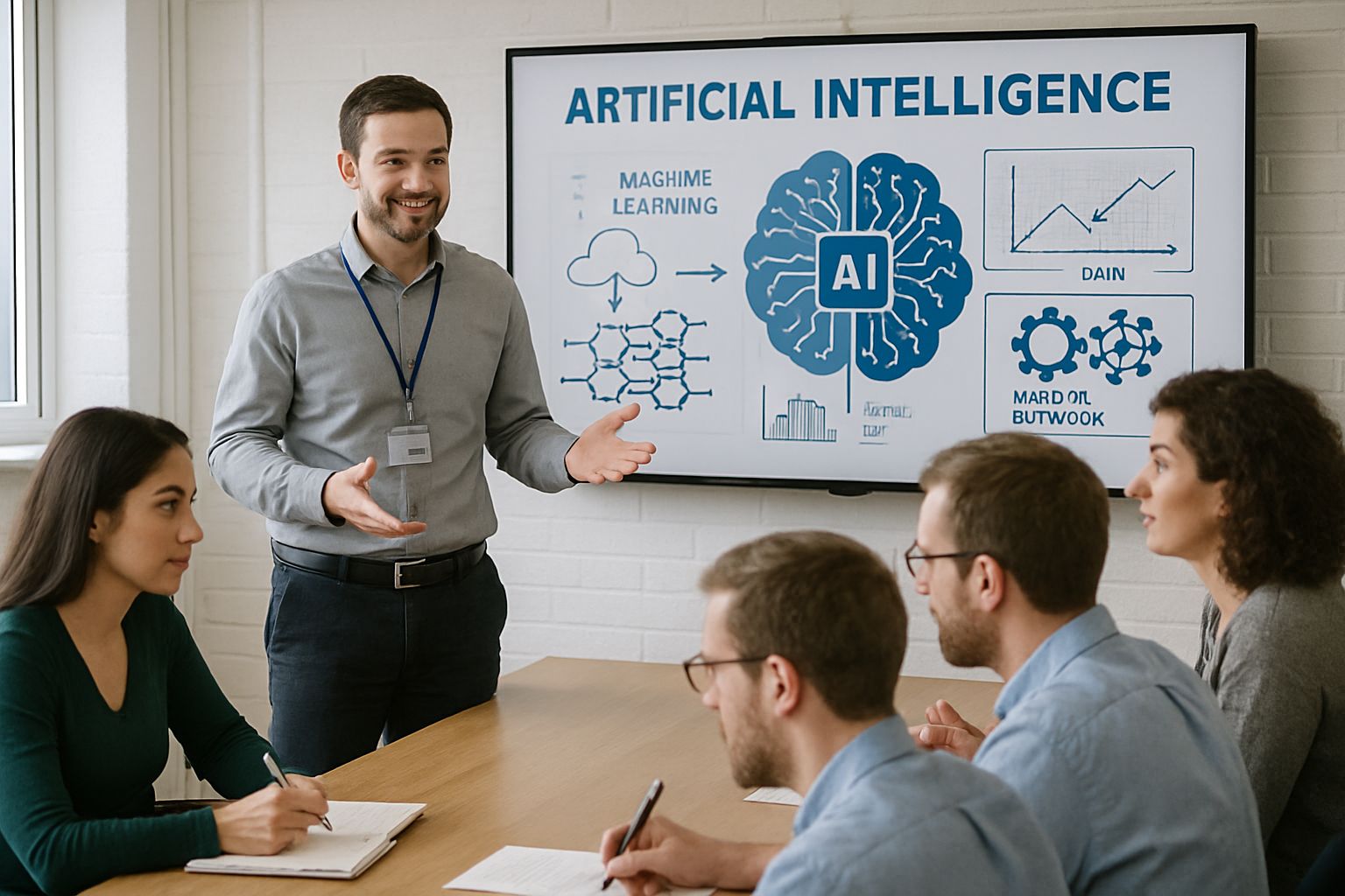 Authentic image of AI Workforce Training session with instructor and participants in UK setting.