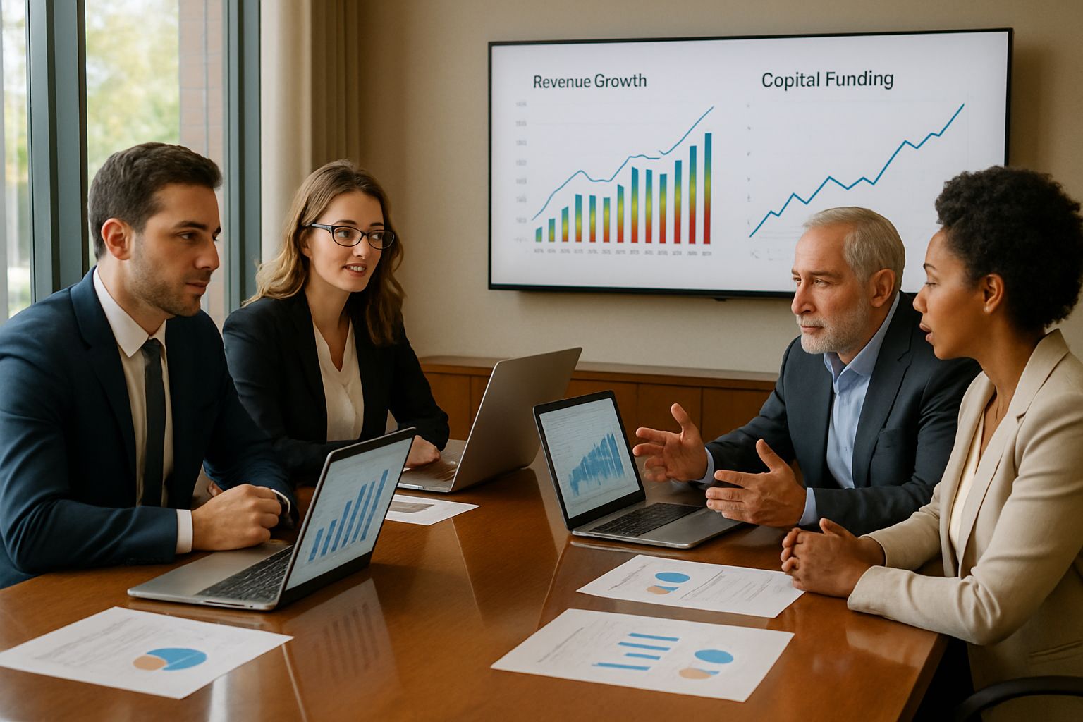 Executives review Capital Investment data in a professional boardroom setting.