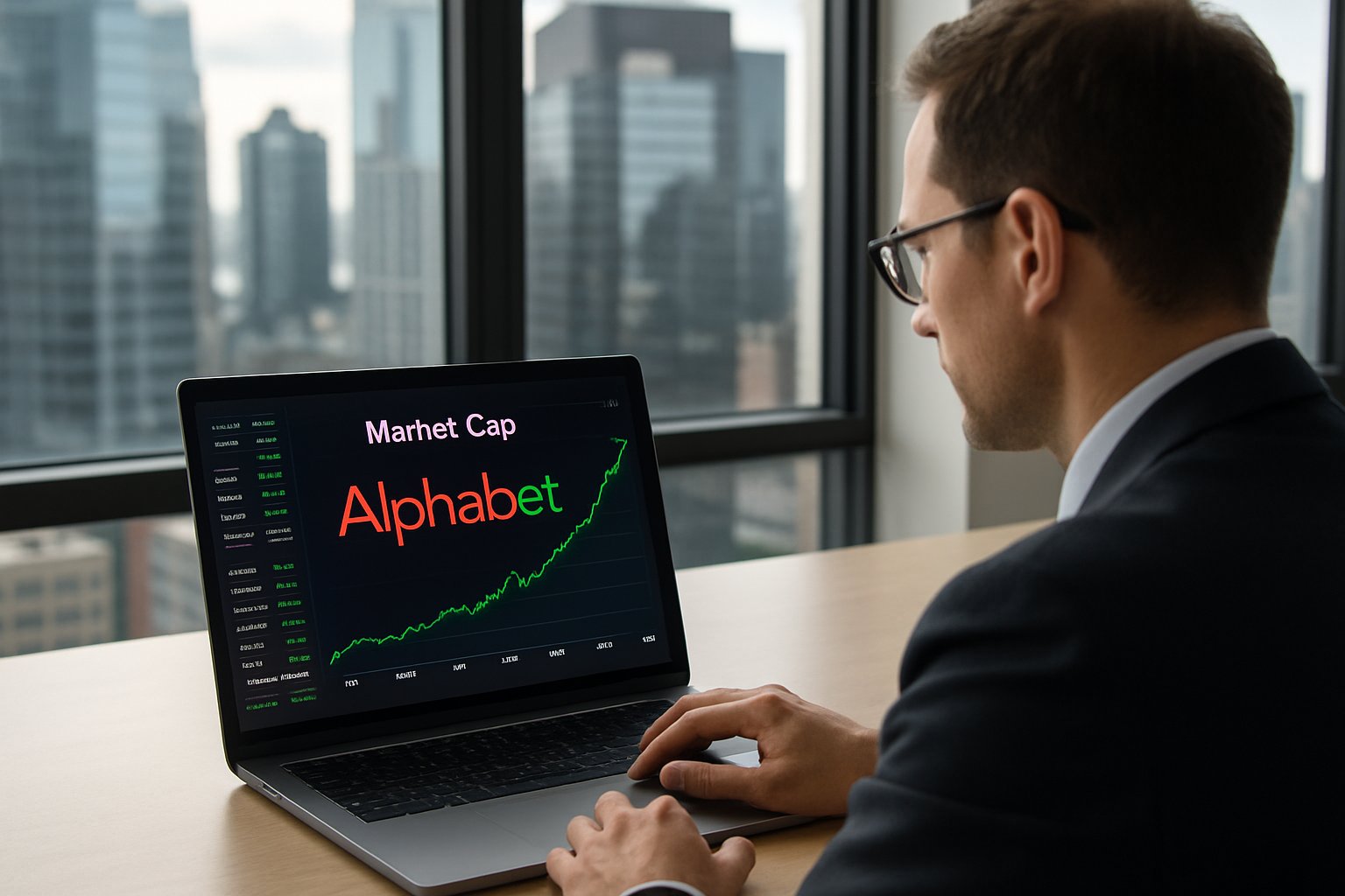 Investor reviews growth charts on Alphabet Market Cap in modern office.