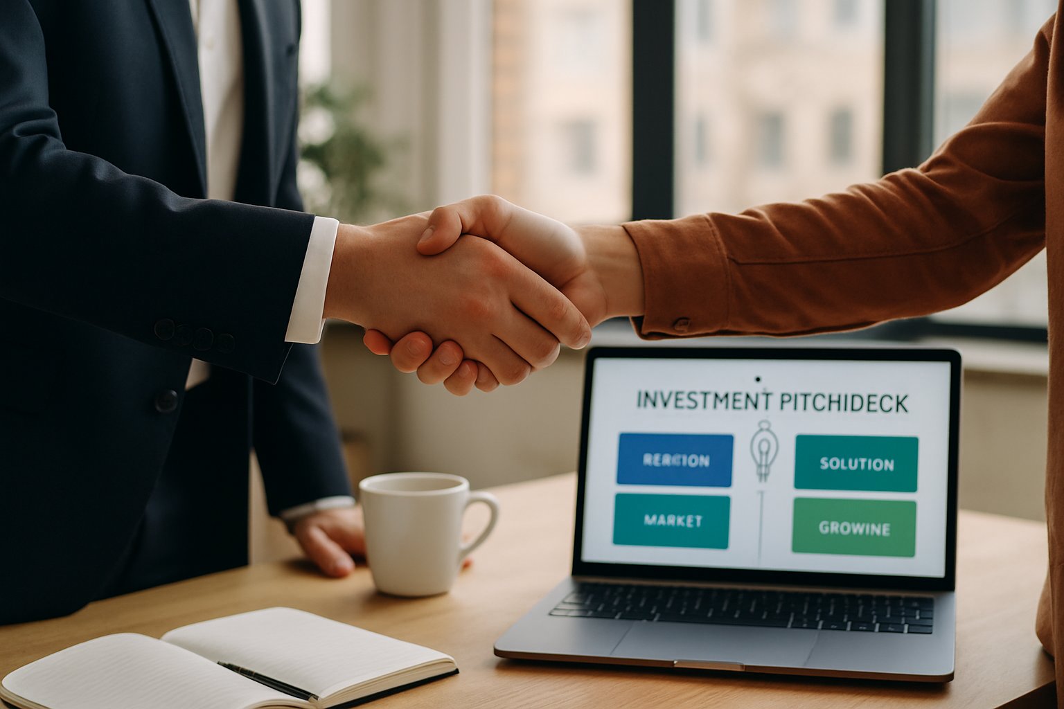 AI Startup Funding handshake between founder and investor during pitch meeting