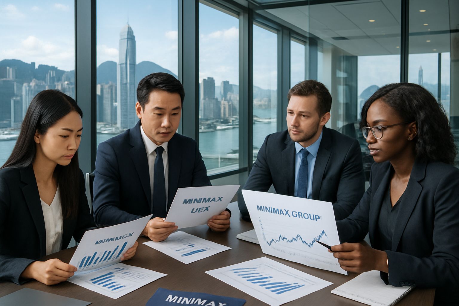 Investors discuss MiniMax Group IPO in modern Hong Kong office.