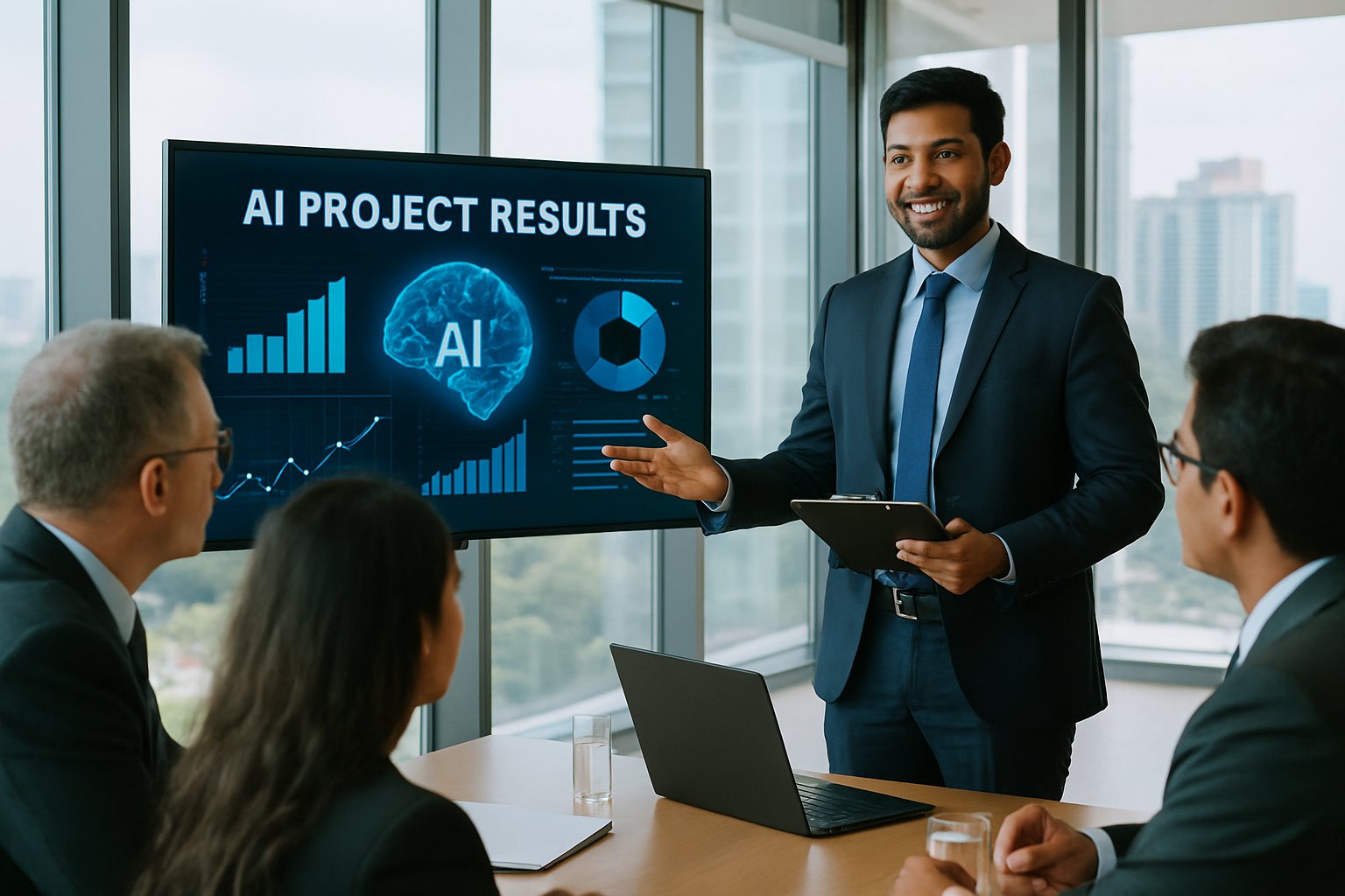 Indian IT executive presenting AI-driven results to enterprise clients in a boardroom.