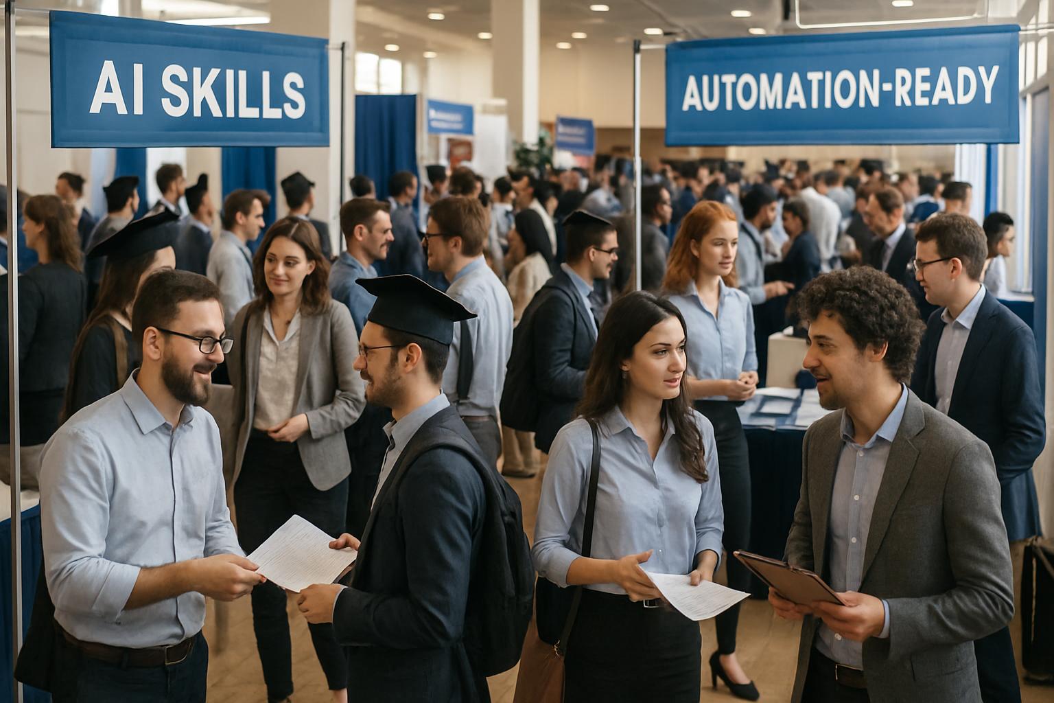 Graduates at job fair exploring AI Entry-Level Careers and automation roles.