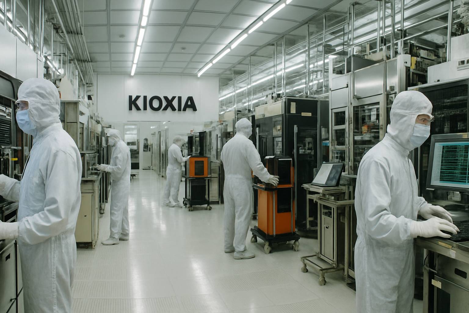 Kioxia semiconductor fab with engineers and high-tech equipment.