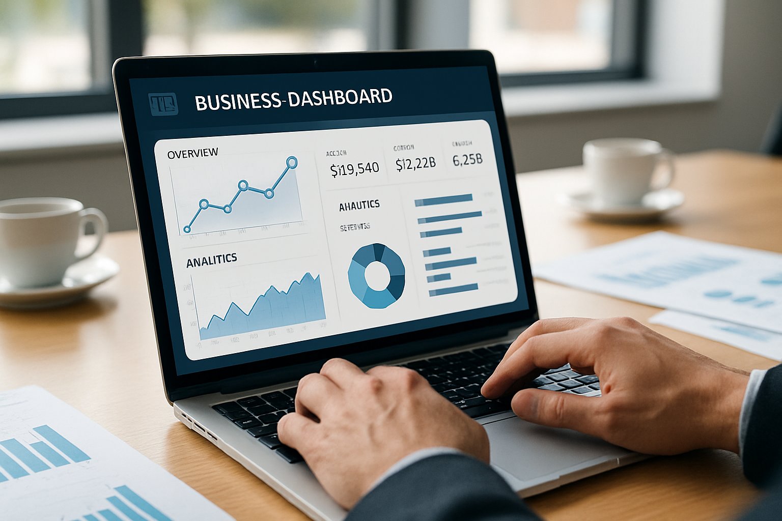 Laptop displaying Enterprise Knowledge Graph Engines analytics in a meeting room.