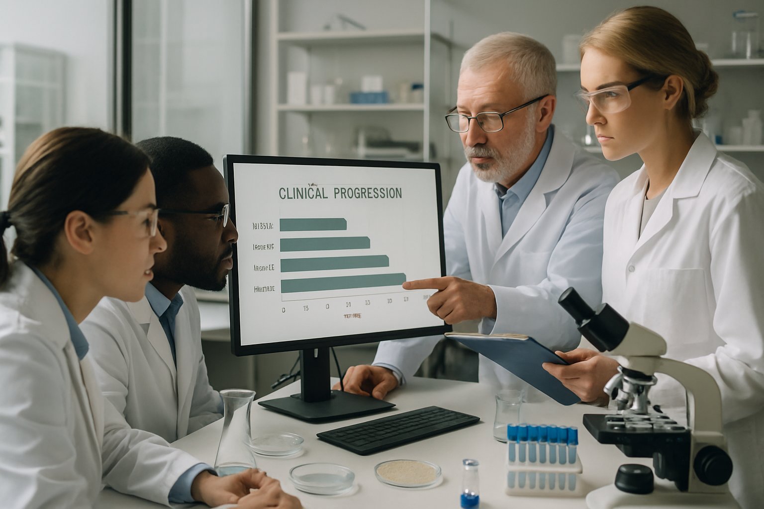 Researchers discussing Clinical Decision Agents in a lab setting to enhance pharma timelines.