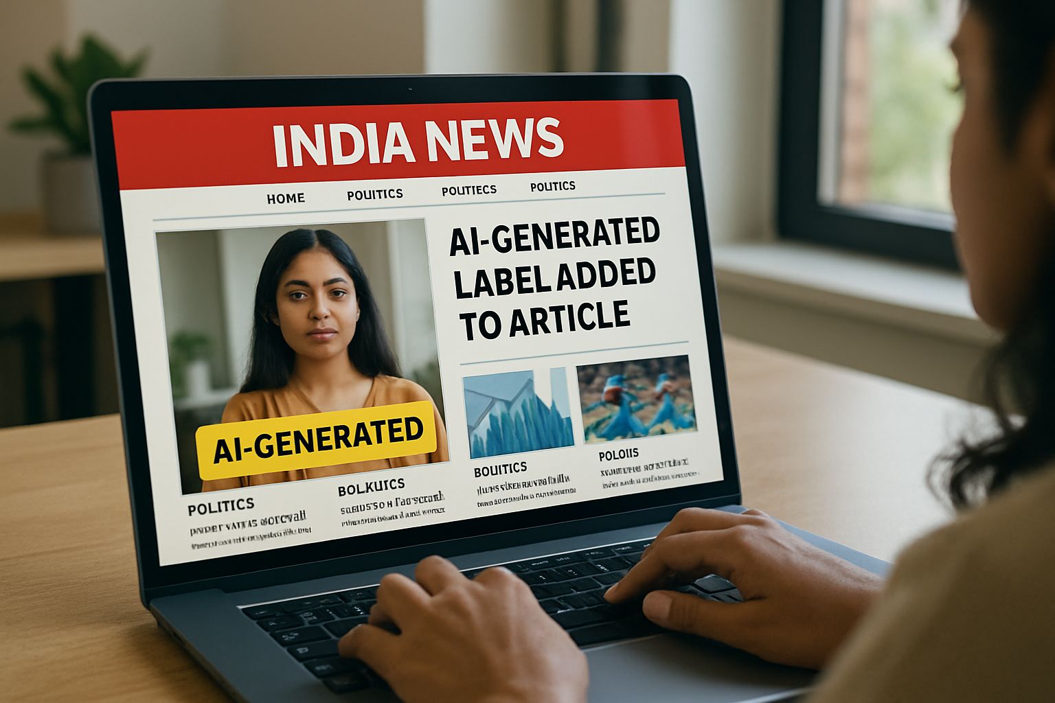 Indian news article with AI content labeling India prominently displayed on screen.