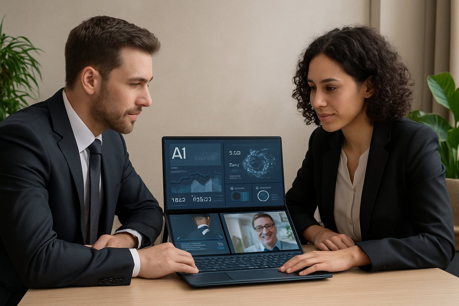 Professionals using ASUS Zenbook Duo with Laptop AI in office setting.