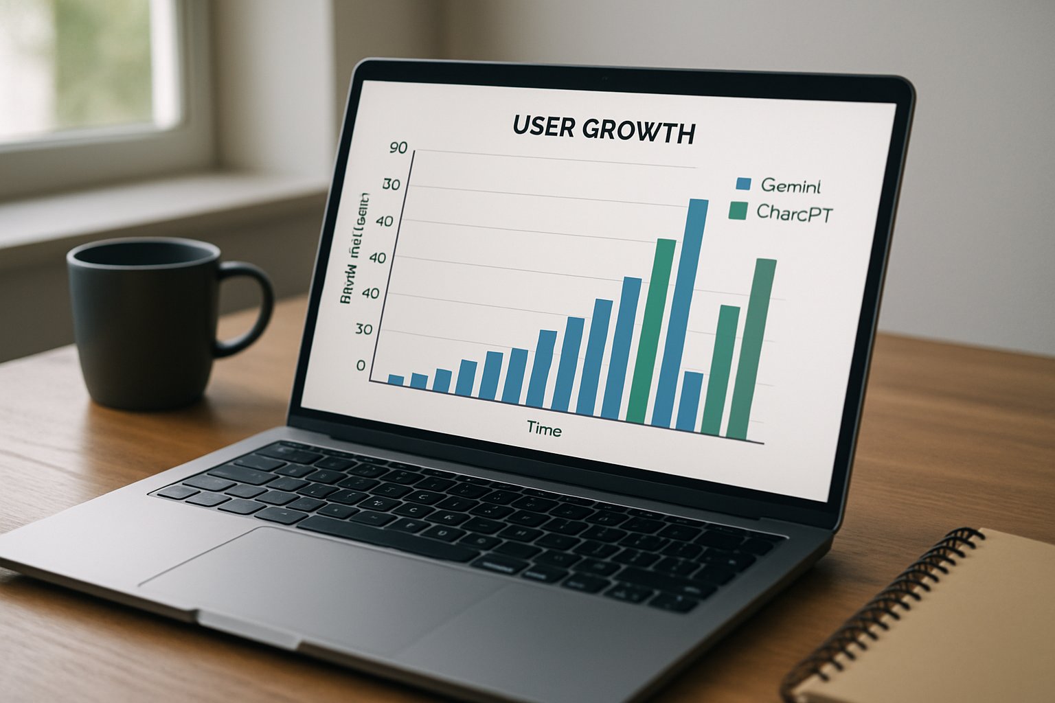 Laptop displays generative AI market inflection graph comparing Gemini and ChatGPT