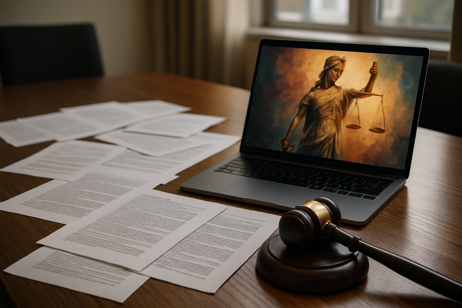 AI Legal Battles shown by legal documents and digital art in a professional law environment.