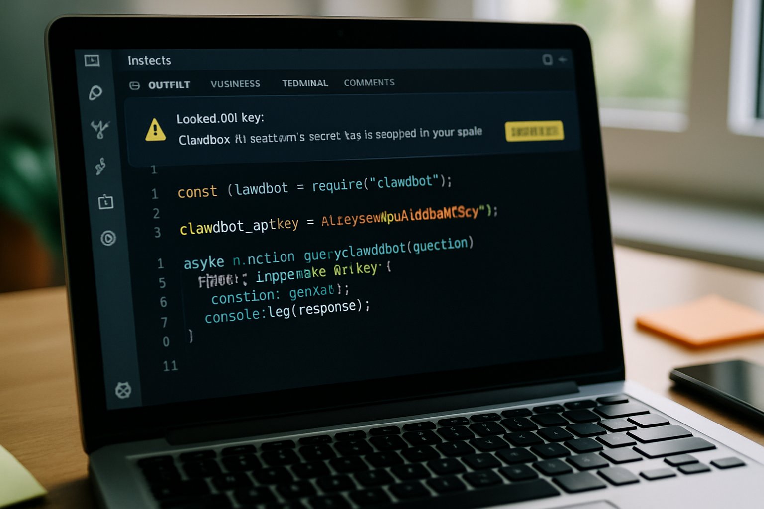 Leaked key warning in Clawdbot AI assistant open-source code editor workspace.