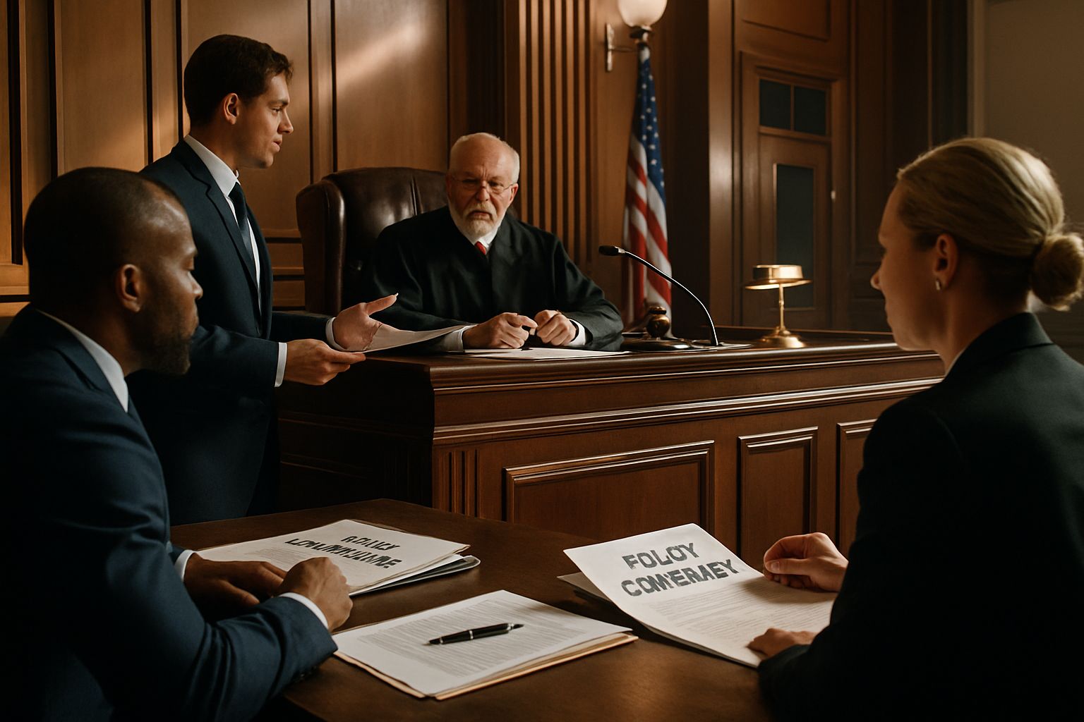 Courtroom scene addressing legal aspects of Safety Policy Enforcement.