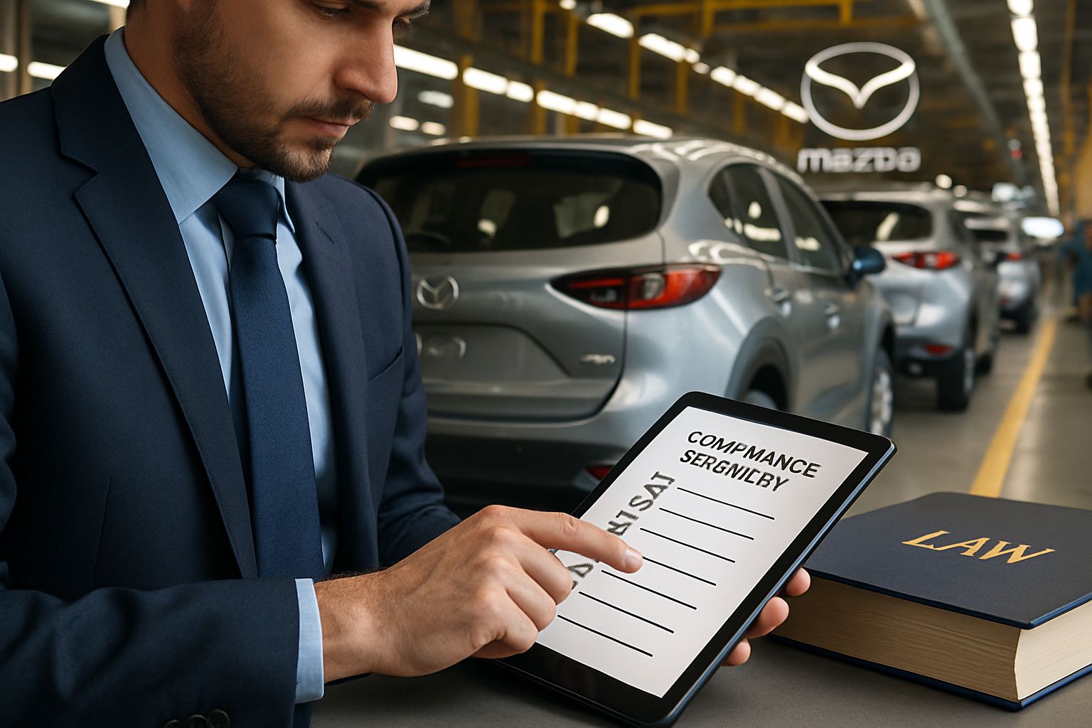 Legal Ops specialist using tablet for compliance with Mazda factory in background.