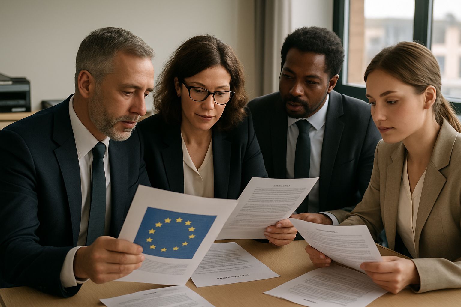 Business team discussing EU Regulation compliance for AI copyright fees