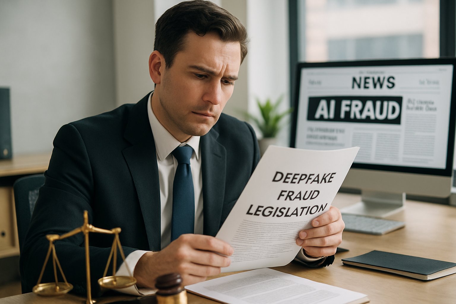 Lawyer reviews deepfake fraud legislation compliance documents in office