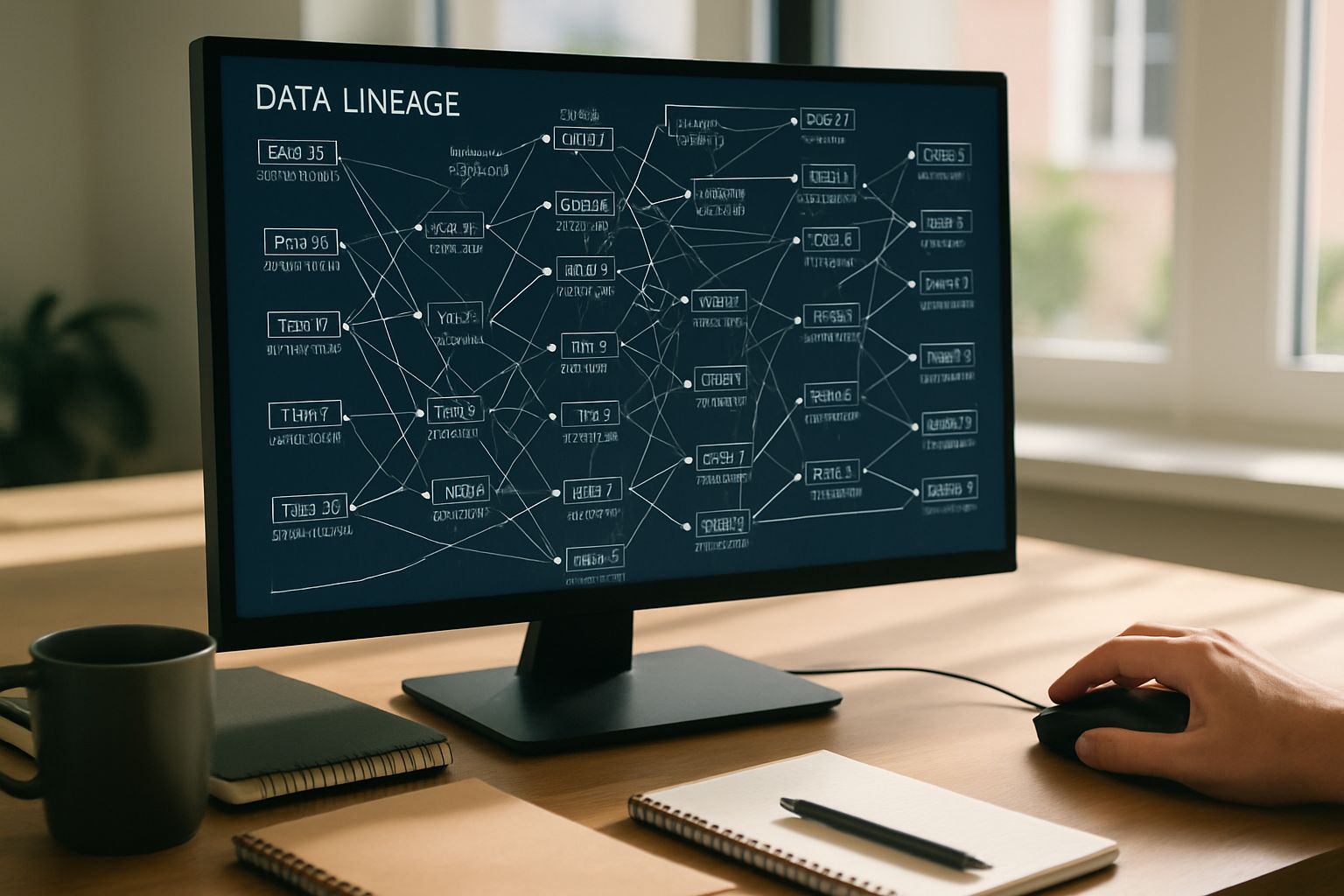 Monitor showing autonomous data lineage intelligence engines interface in office setting