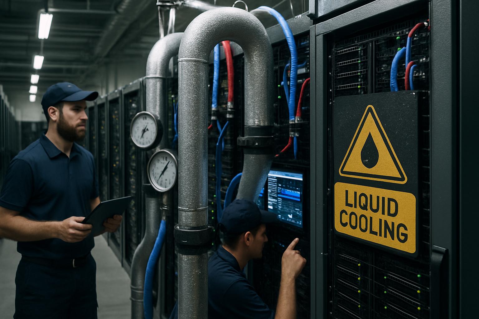 Liquid cooling technology for AI-Ready Datacenter Services with technicians monitoring systems.