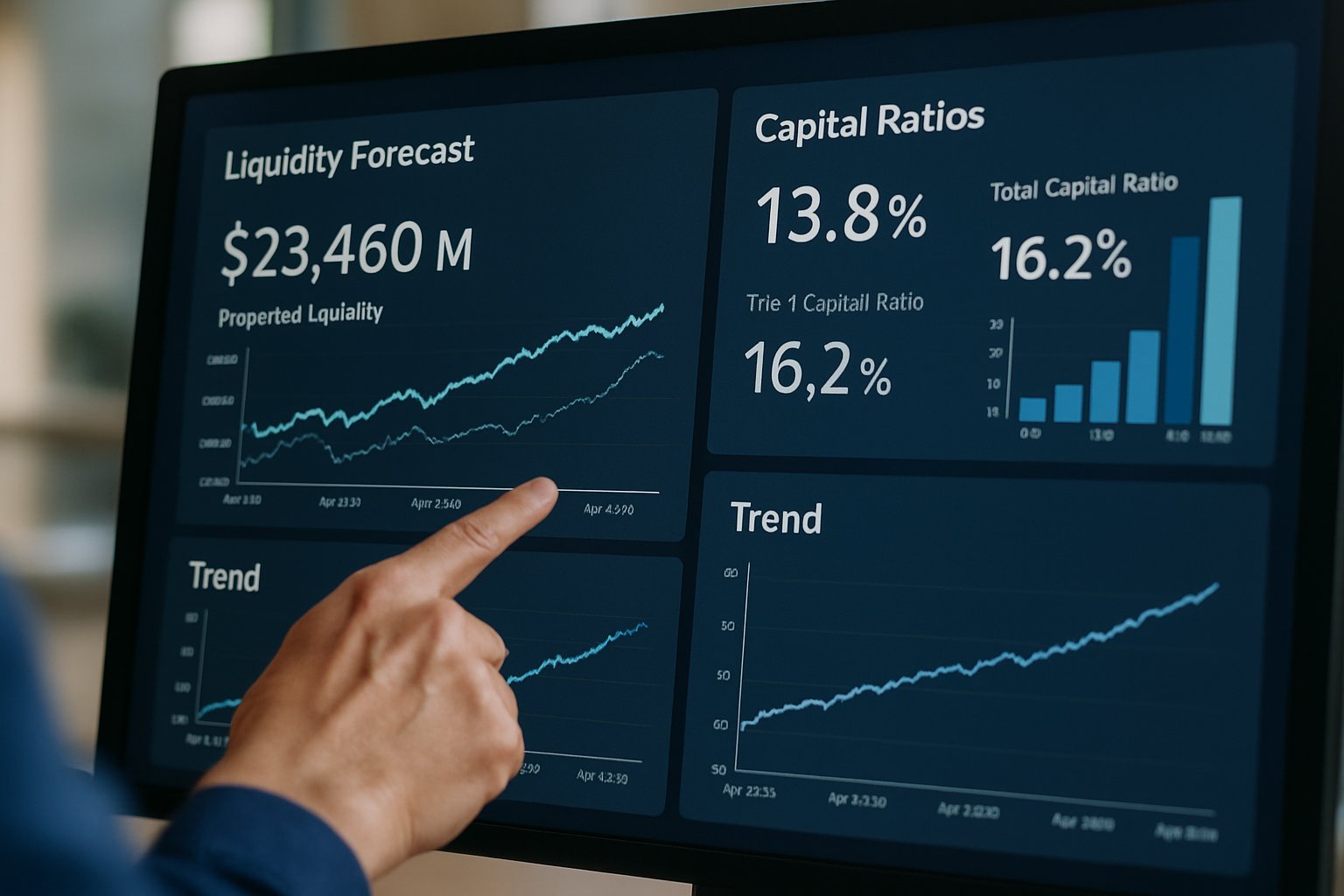 Computer screen showing AI liquidity forecasting models with trends and capital ratios.