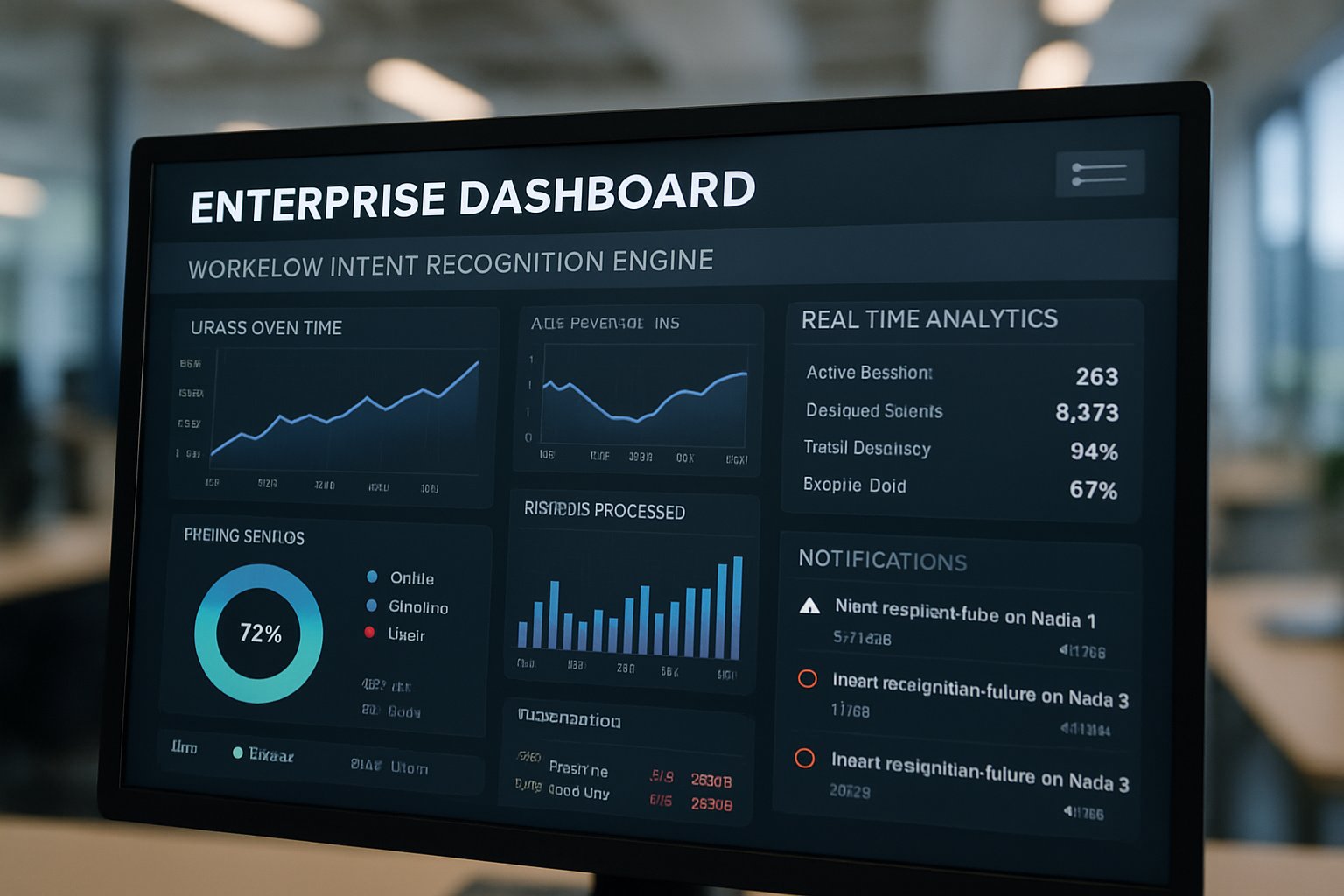 Dashboard with workflow intent recognition engines analytics and performance graphs.