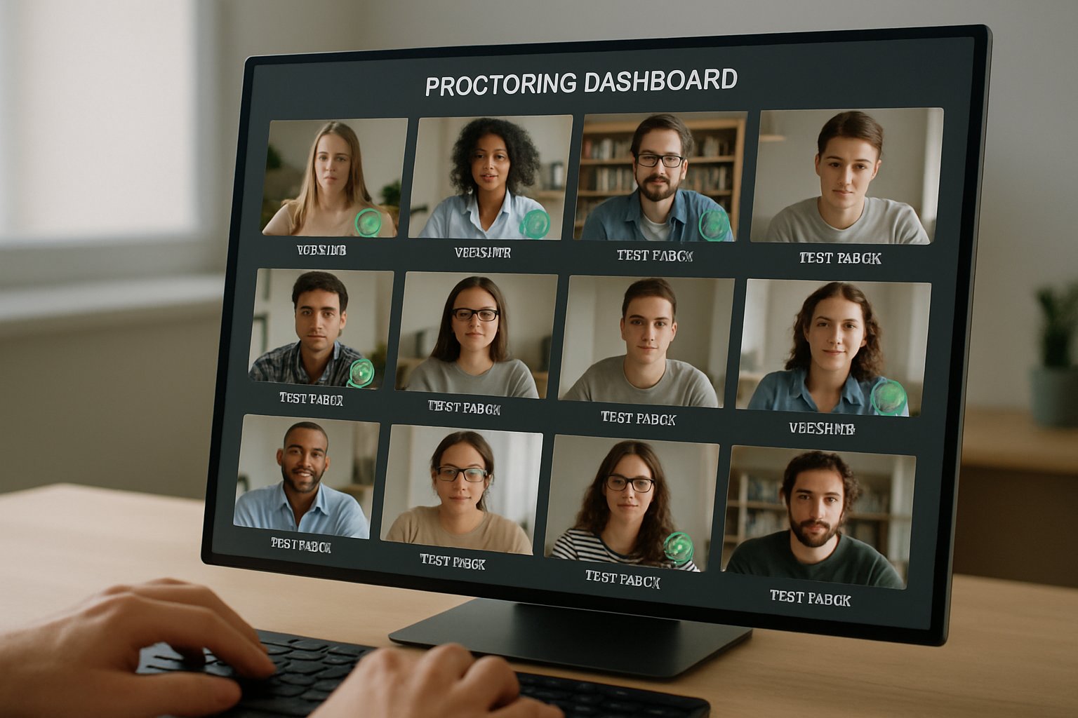 Assessment integrity monitors dashboard showing live exam proctoring interface.