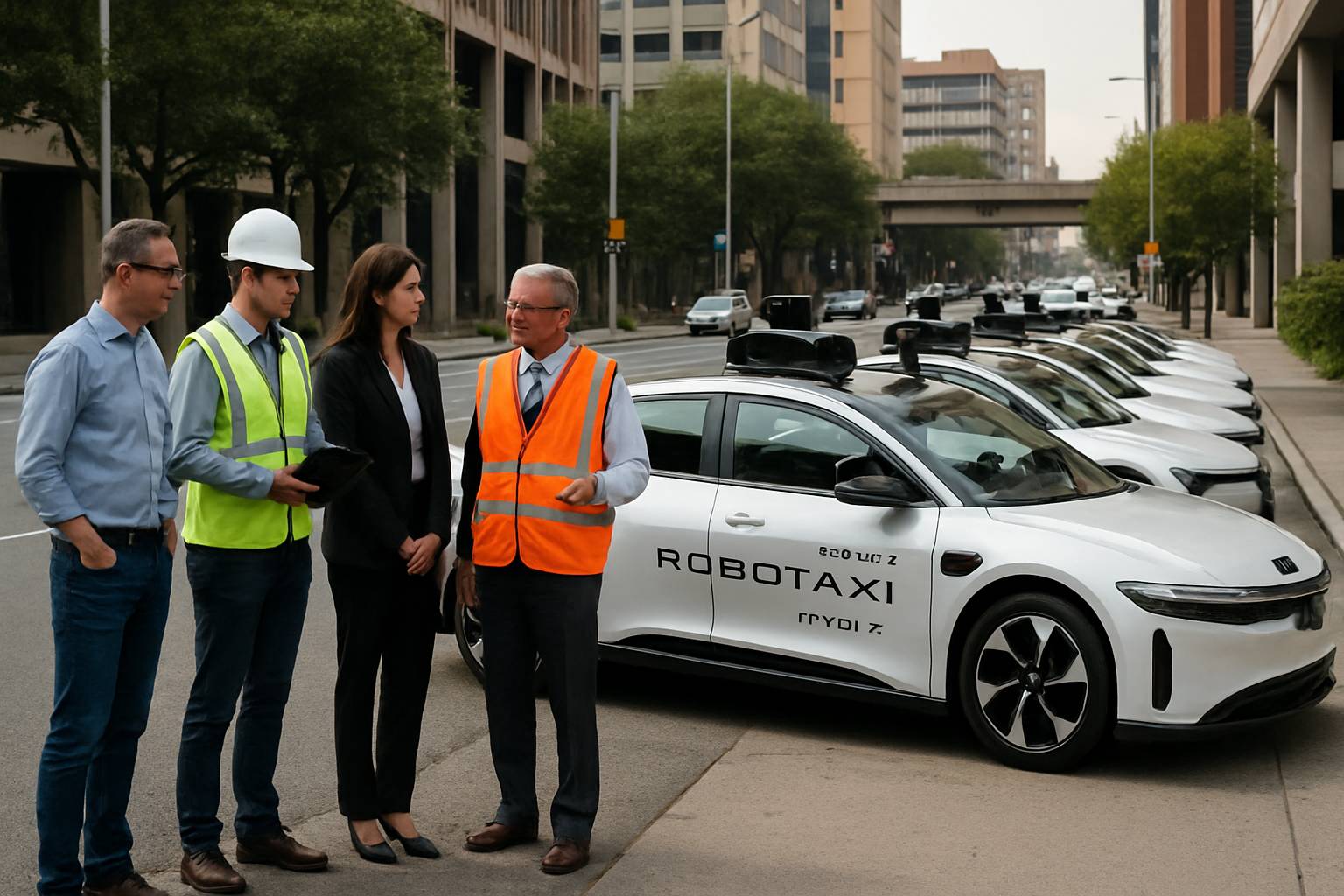 Engineers and officials examine Lucid-powered Autonomous Ride Hailing robotaxis in a real city setting.