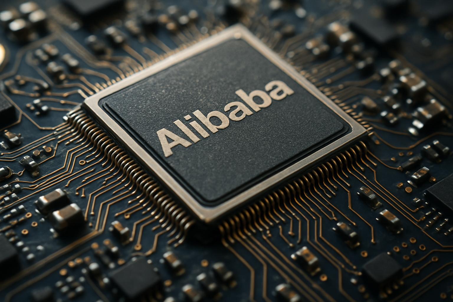 Close-up macro photo of Alibaba AI Chip semiconductor and circuitry.