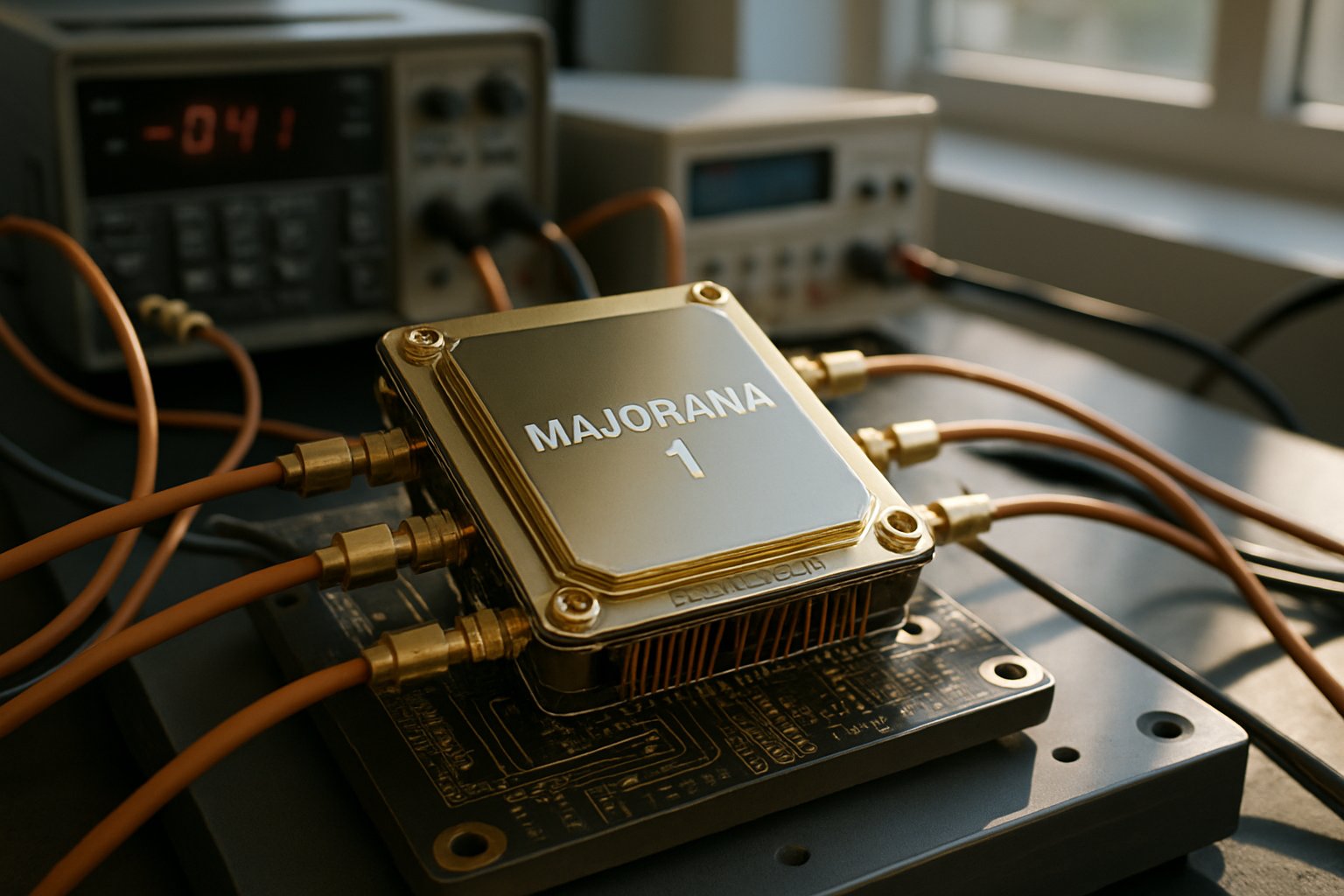 Majorana 1 chip among Quantum AI Hardware components in bright laboratory light.