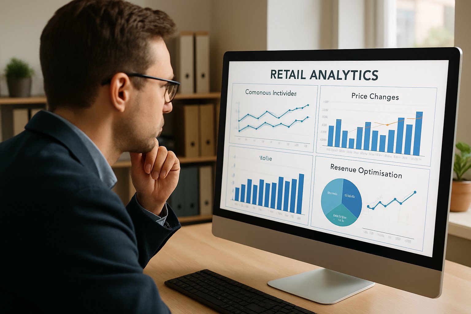 Retail manager analyzing data powered by dynamic pricing intelligence agents.